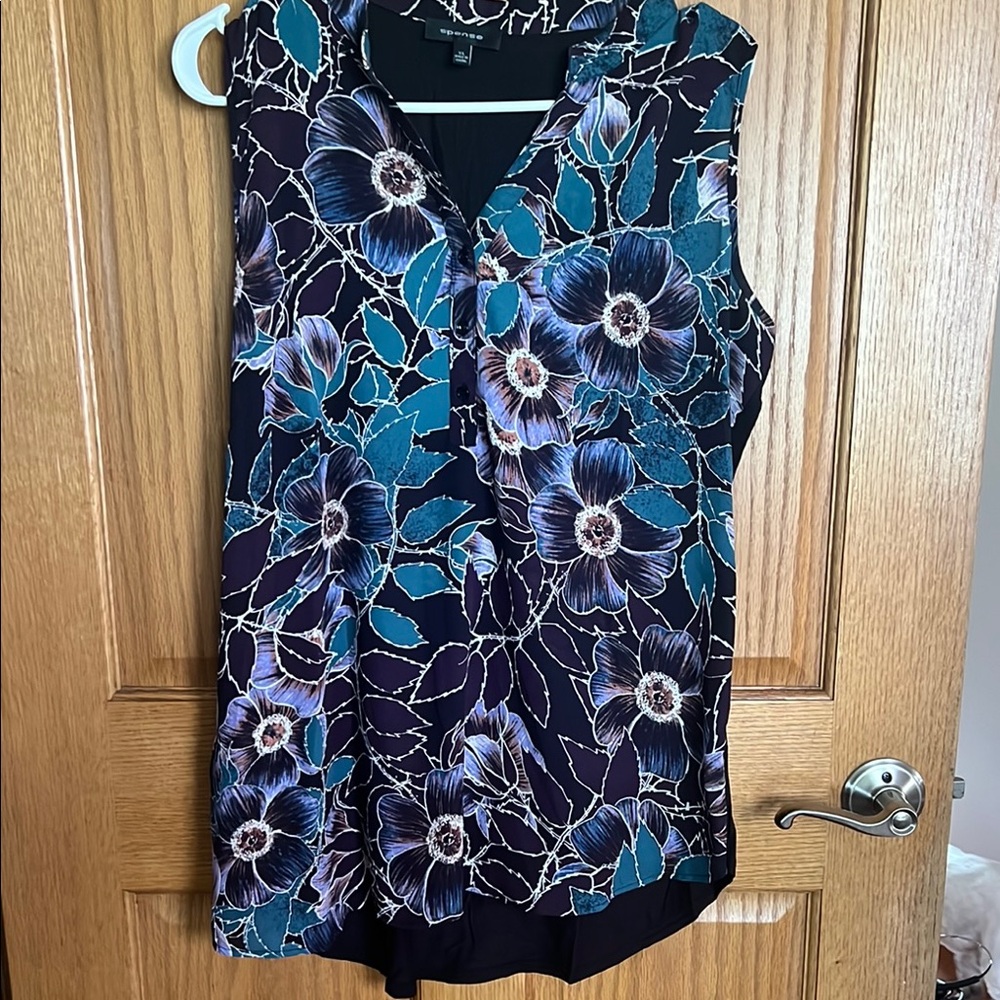 Spense Blue and Purple Sleeveless Blouse with Mandarin Collar